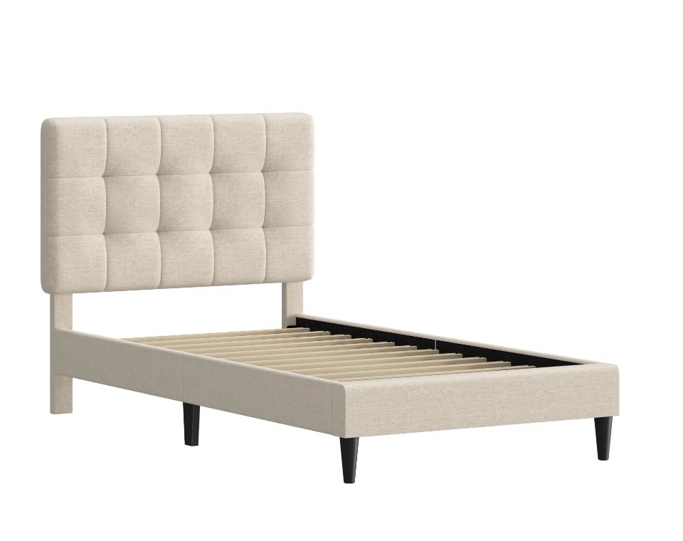 Mainstays Hillside Square Tufted Upholstered Twin Platform Bed, Ivory Fabric