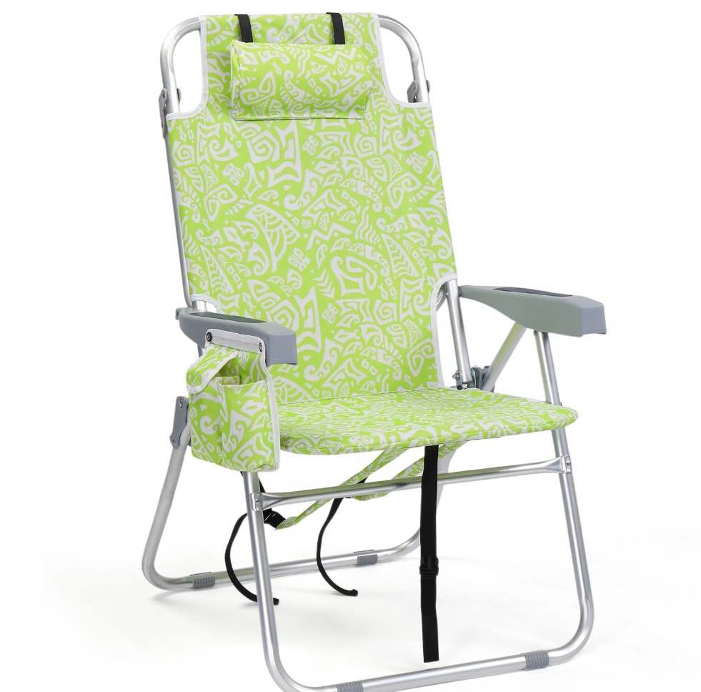 Ktaxon Tall Backpack Beach Chair, 5-Position Protable Beach Chair, Light-Weight Foldable Camping Chair with Back Storage Bag & Cooler Pouch and Side Bags for Beach Poolside (Yellow-Green Print)