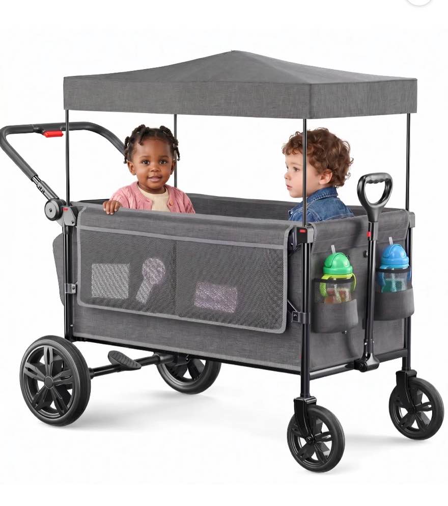 SACVON All-Terrain Stroller Wagon for Toddlers with Canopy, Parent Organizer, Adjustable Handlebar, 2 Cup Holders