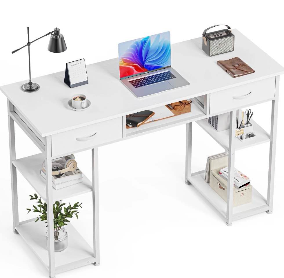 edx Small Desk with Drawers & Storage Shelves, 48 Inch Computer Desk Modern White Desk Gaming Writing Desk Study Table for Home Office, White
