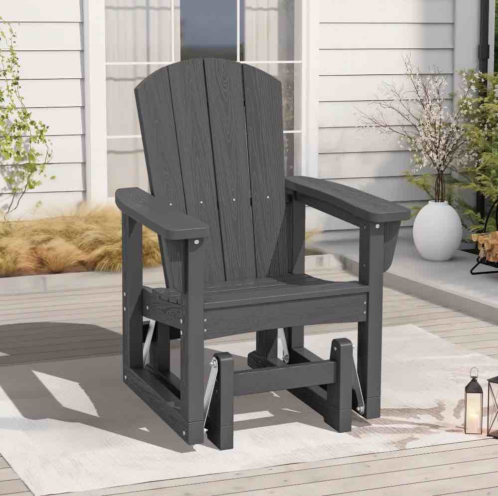 SERWALL Outdoor Glider Chair, HDPE Wood-Like Patio Glider Rocker All-Weather Porch Glider Gray