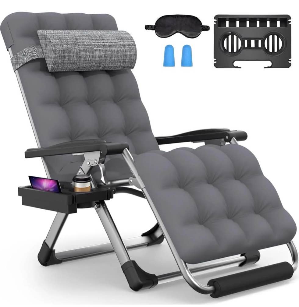 DKMOCO Oversized XL Zero Gravity Chair, 29" Extra Wide Recline Chair w/Upgraded Lock and Wider Cup Holder, Camping Lawn Chair for Patio Outdoor Office,Fossil Gray