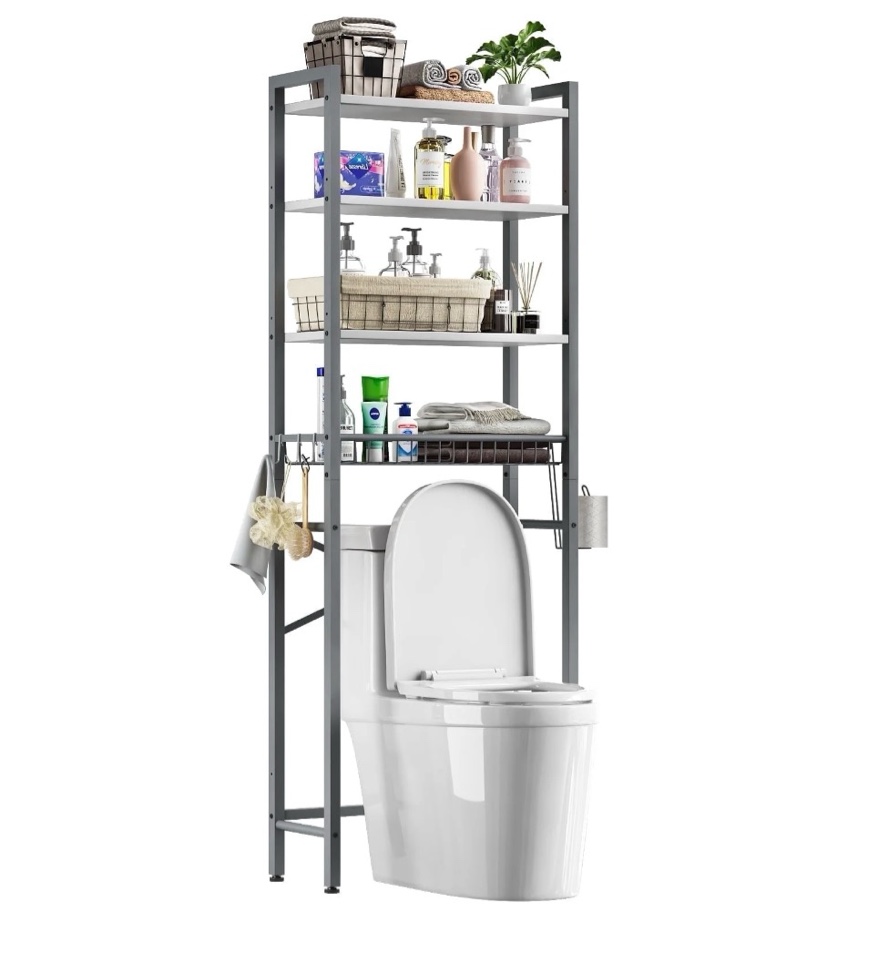 biemlerfn over the toilet storage shelf, 4-tier wooden bathroom organizer adjustable saver space rack with toilet paper holder, gray&white