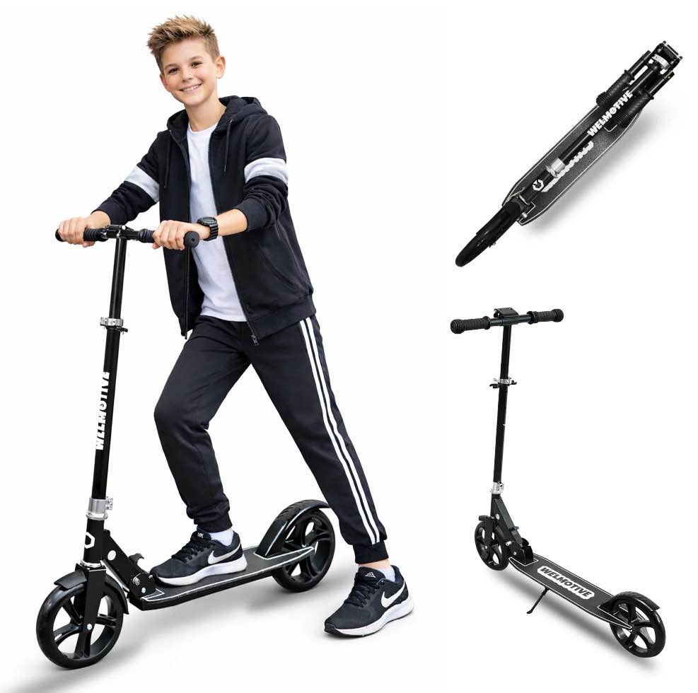 welmotive scooter for kids ages 6+, teens & adults, lightweight kick scooter 3 adjustable heightand rear brake, big wheel foldable scooter for indoor & outdoor.