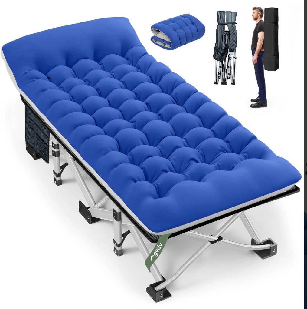 gvdv folding camping cot for adults with 2 sided mattress - 75" x 28" cot, 1200d oxford portable cot bed with carry bag for camp travel guest, blue