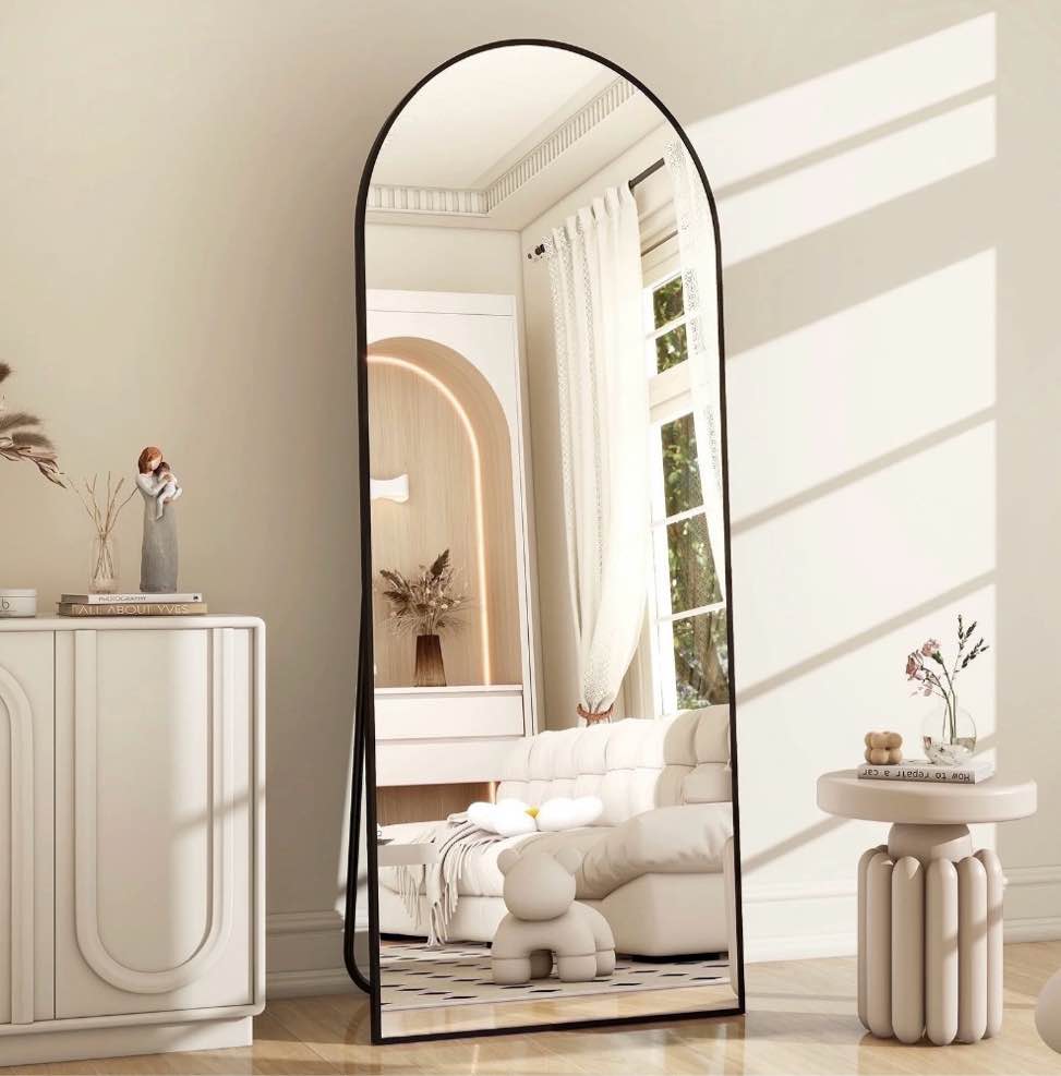 beautypeak arched 64.1"x21.1" full length mirror floor mirror sturdy mdf mirror with stand full body mirror, black 21.1"w x 64.1"h