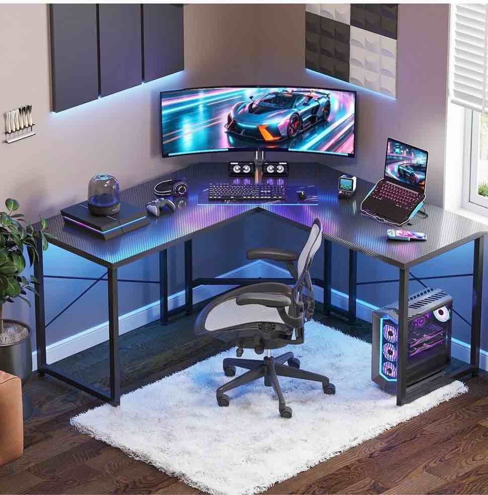 casacomoda computer desk l shaped, 51 inch reversible l shaped desk, gaming desk, home office desk, carbon fiber black