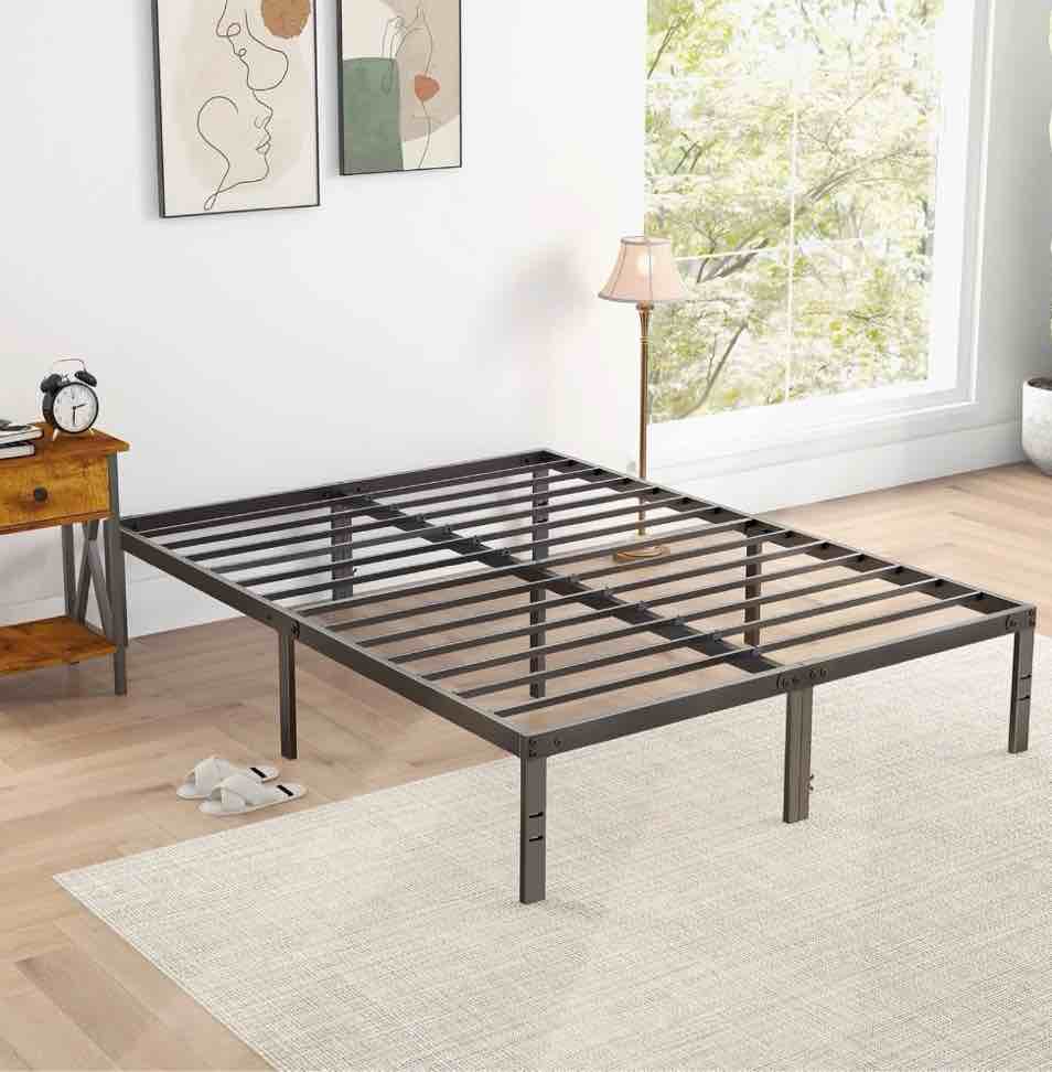 edx 14" high full size bed frame no box spring needed, heavy duty metal with sturdy steel slat support and under bed storage full