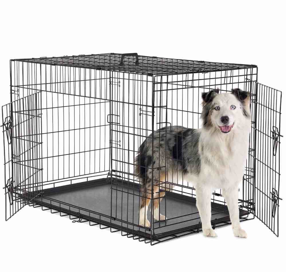 concetta 42 inch double-door folding dog crate, portable small cage with divider, leak-proof tray