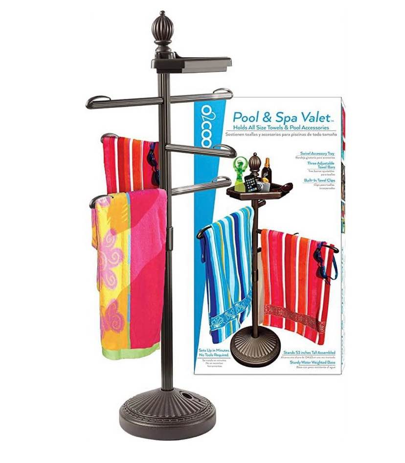 o2cool bronze finish pool & spa valet  adjustable pool & patio towel rack stand  pool accessories  weighted base outdoor pool rack