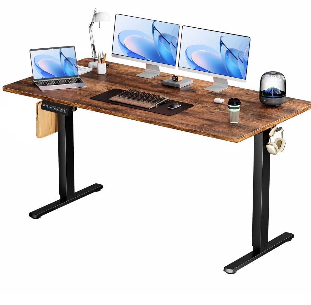 concetta electric height adjustable desk, 63"x24" ergonomic sit stand workstation, one-touch lift home office desk, rust