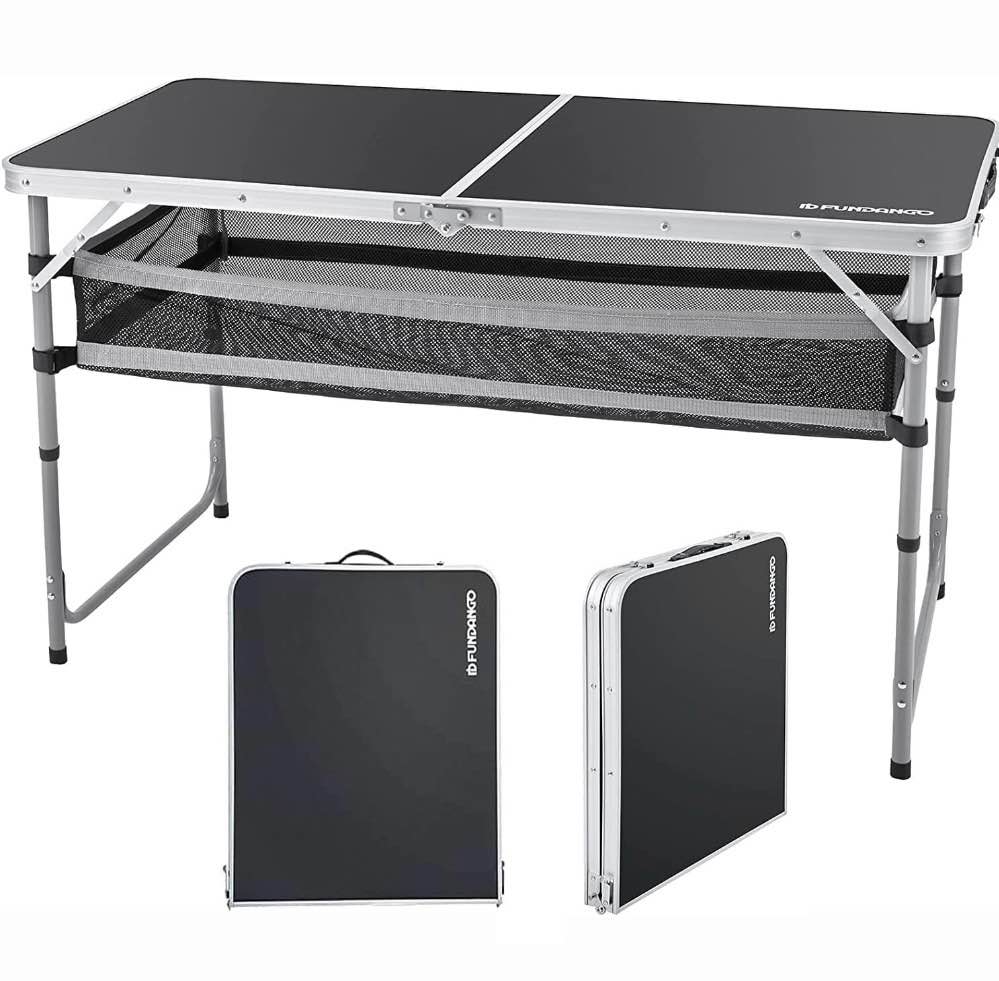 fundango black portable folding card table with adjustable mesh storage bag 2.7ft card table for camping, travel, outdoor folding card table with handle, 47.2"*23.6"*27.5", black