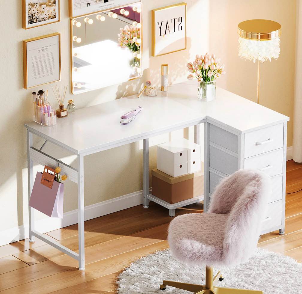 48 inch computer desk with 4 fabric drawers — home office desks with storage, writing desk with side hook, desk study/work table for bedroom and small space, white