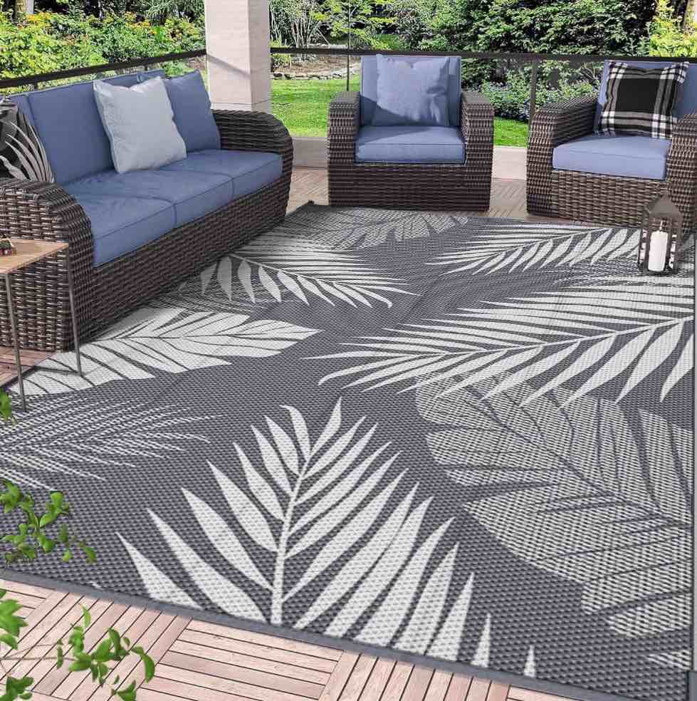 deorab 8'x10' outdoor rugs waterproof patio lightweight reversible plastic carpet outside camping mat,gray & white