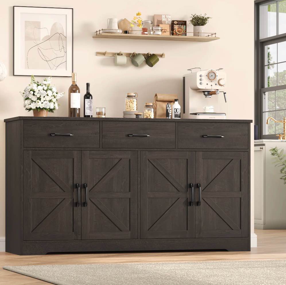 homfa 59"w farmhouse kitchen sideboard credenza, lengthen storage cabinet for dining room, 4-doors 3-drawer wood buffet with adjustable shelves, dark brown