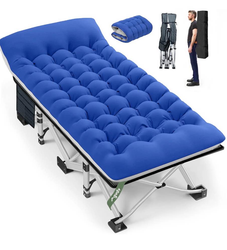 gvdv folding camping cot for adults with 2 sided mattress - 75" x 28" cot, 1200d oxford portable cot bed with carry bag for camp travel guest, blue