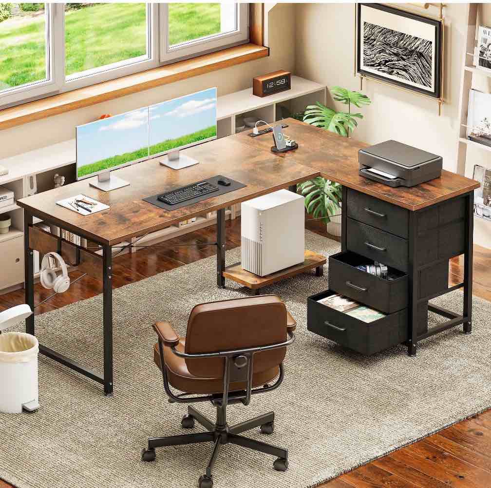 casacomoda l shaped computer desk with charging station, 53 inch pc table study desk 4 tier drawers, modern simple style laptop desk for bedroom, vintage