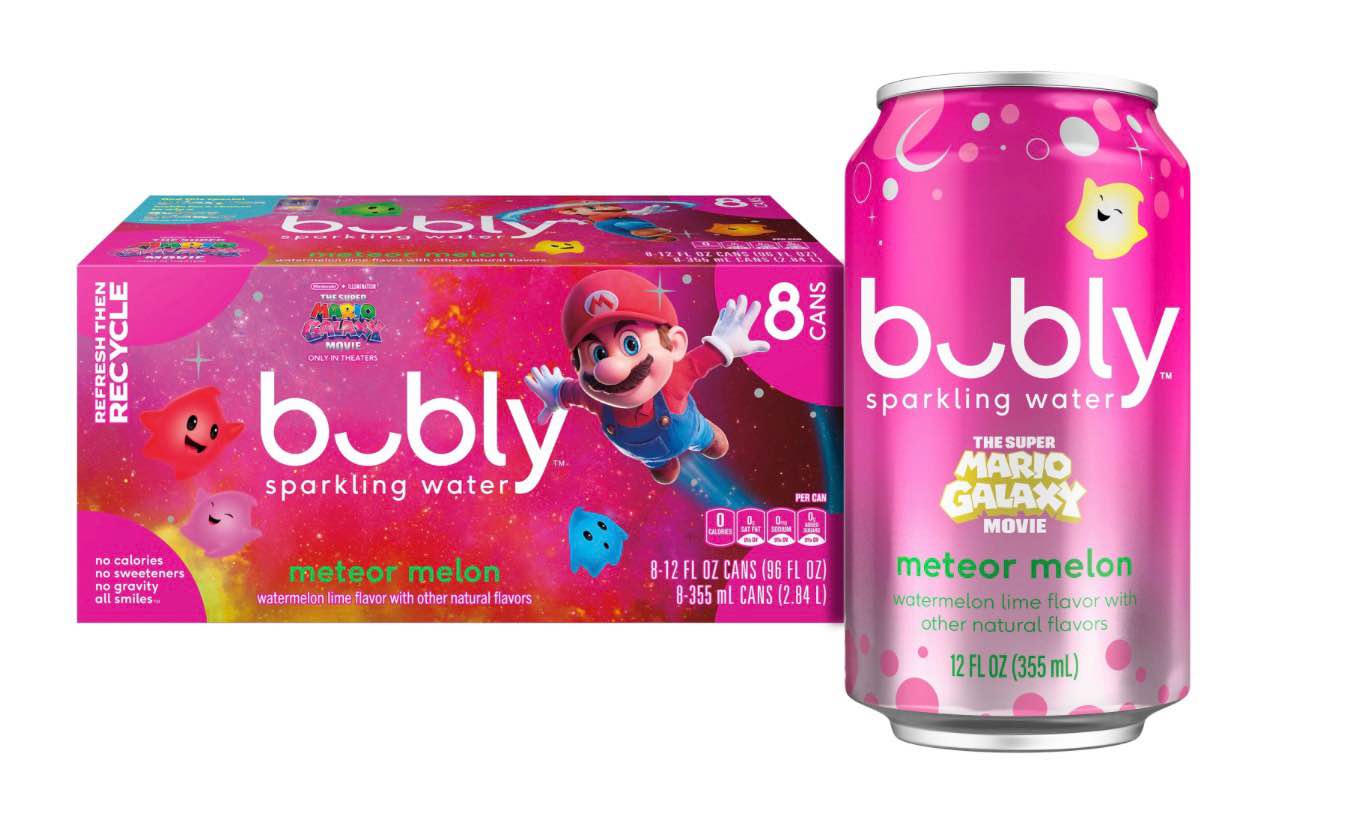 bubly sparkling water, the super mario galaxy movie meteor melon, zero sugar & zero calories, 12 fl oz cans (8 pack)?      ((aug  03/ 2026 ))