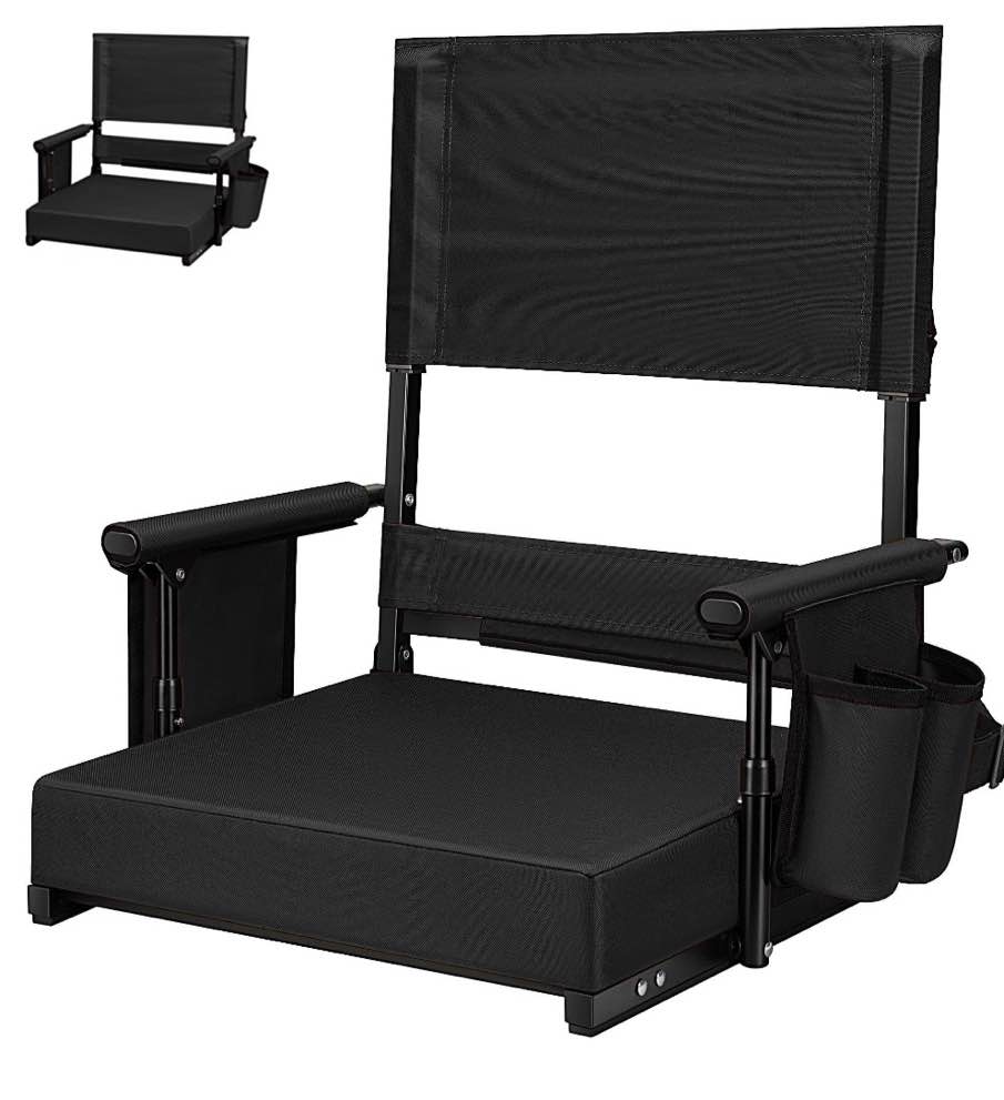 specstar height adjustable high back stadium seat with back support and cushion, portable bleacher chair with cup holder and shoulder strap, black