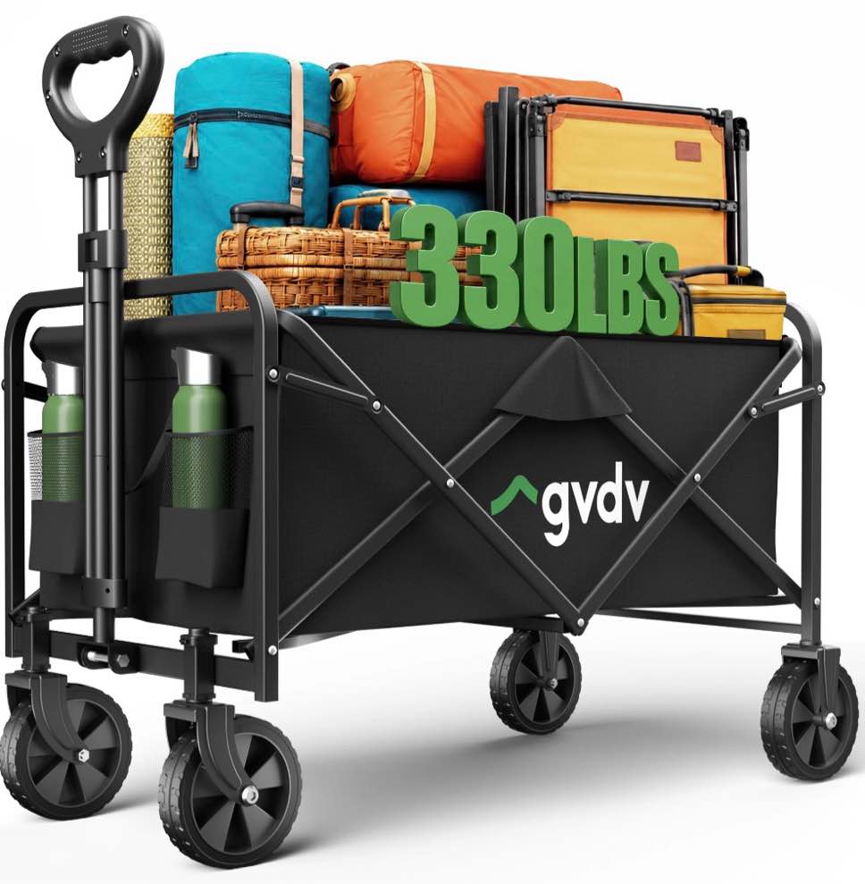 gvdv collapsible wagon cart, heavy duty utility folding wagon with all-terrain wheels, portable cart for camping, beach, sports, shopping, black