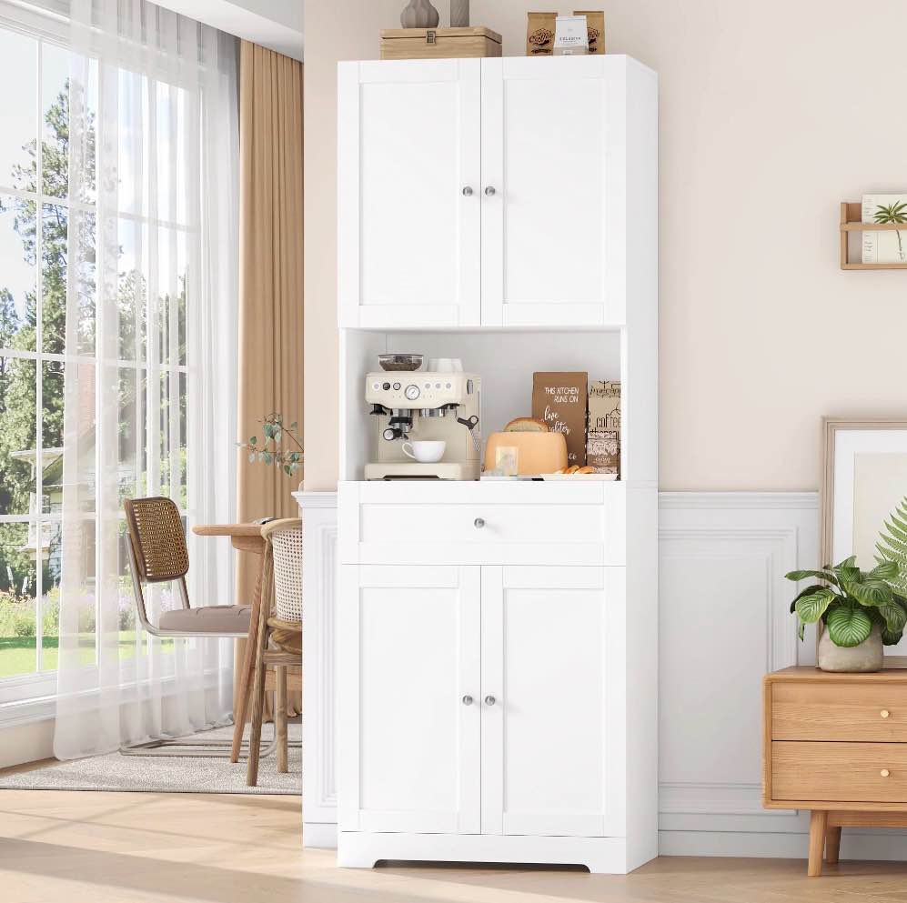 homfa 67.5'' tall kitchen pantry with microwave shelf, large storage drawer wood pantry storage cabinet for dining room living room, white