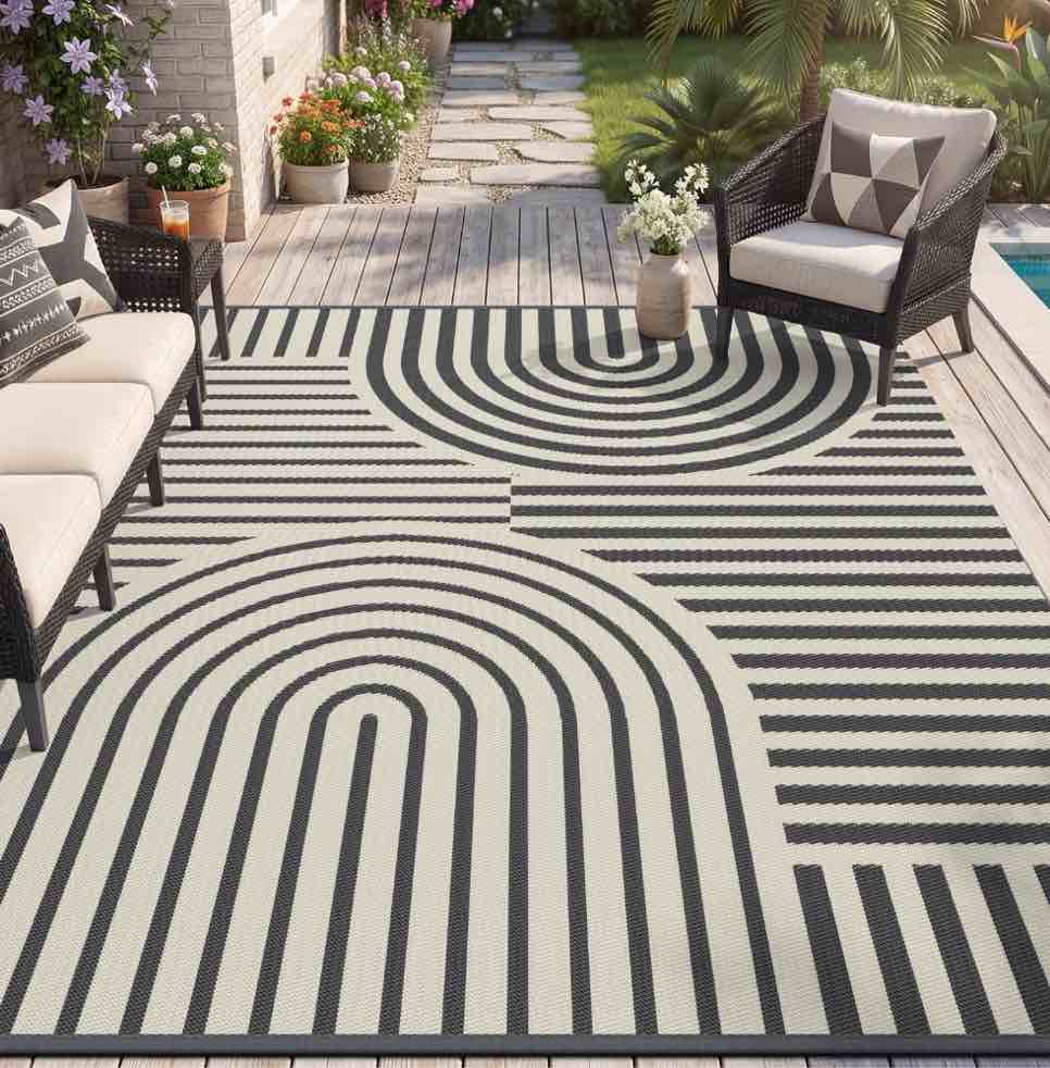 vunate outdoor rug carpet 8'x10' waterproof reversible patio rug portable boho indoor outdoor rug plastic straw rug for beach rv camping garden picnic deck backyard modern porch decor gray and beige