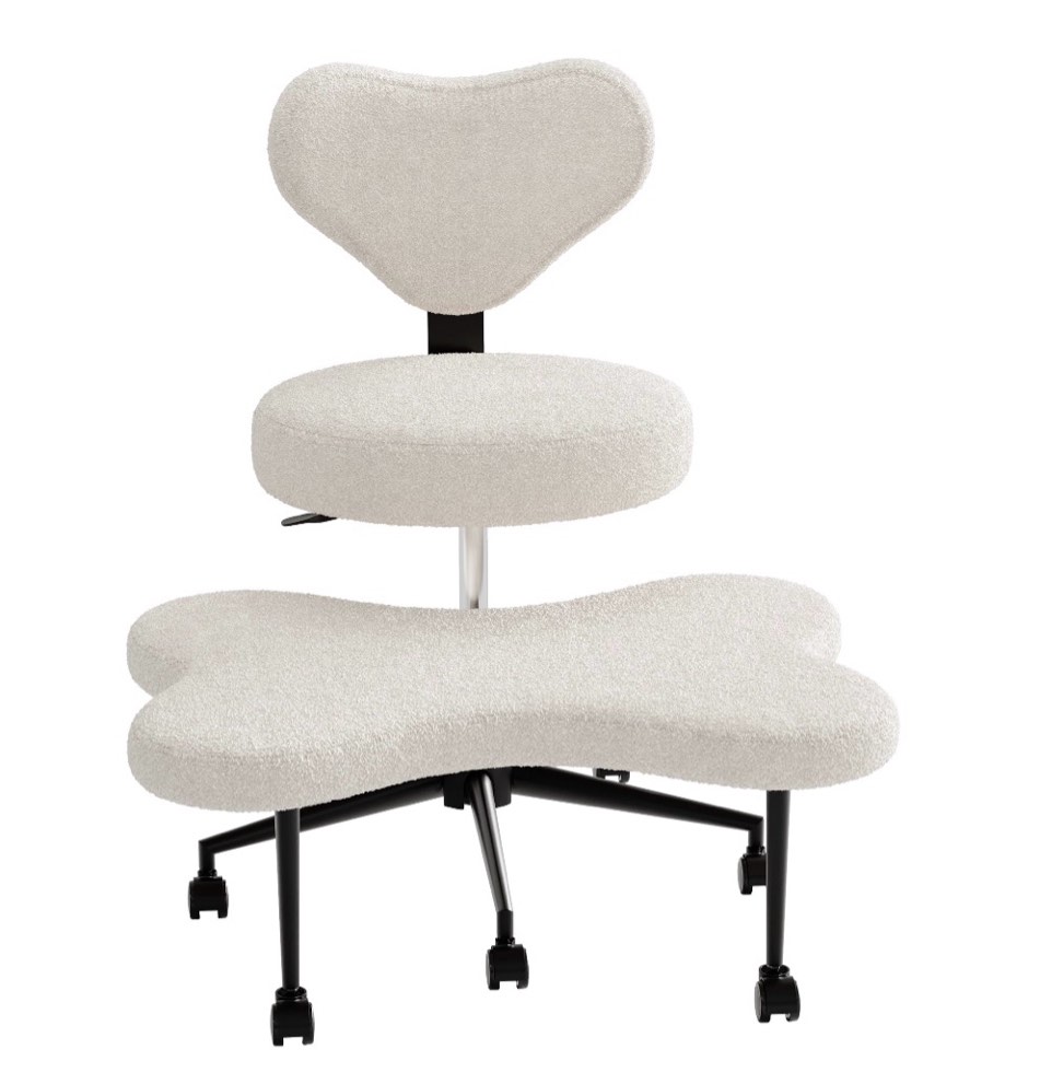 pinmoco ergonomic cross legged swivel chair, adjustable height and teddy fabric, meditation chair with back support, home and office, off white