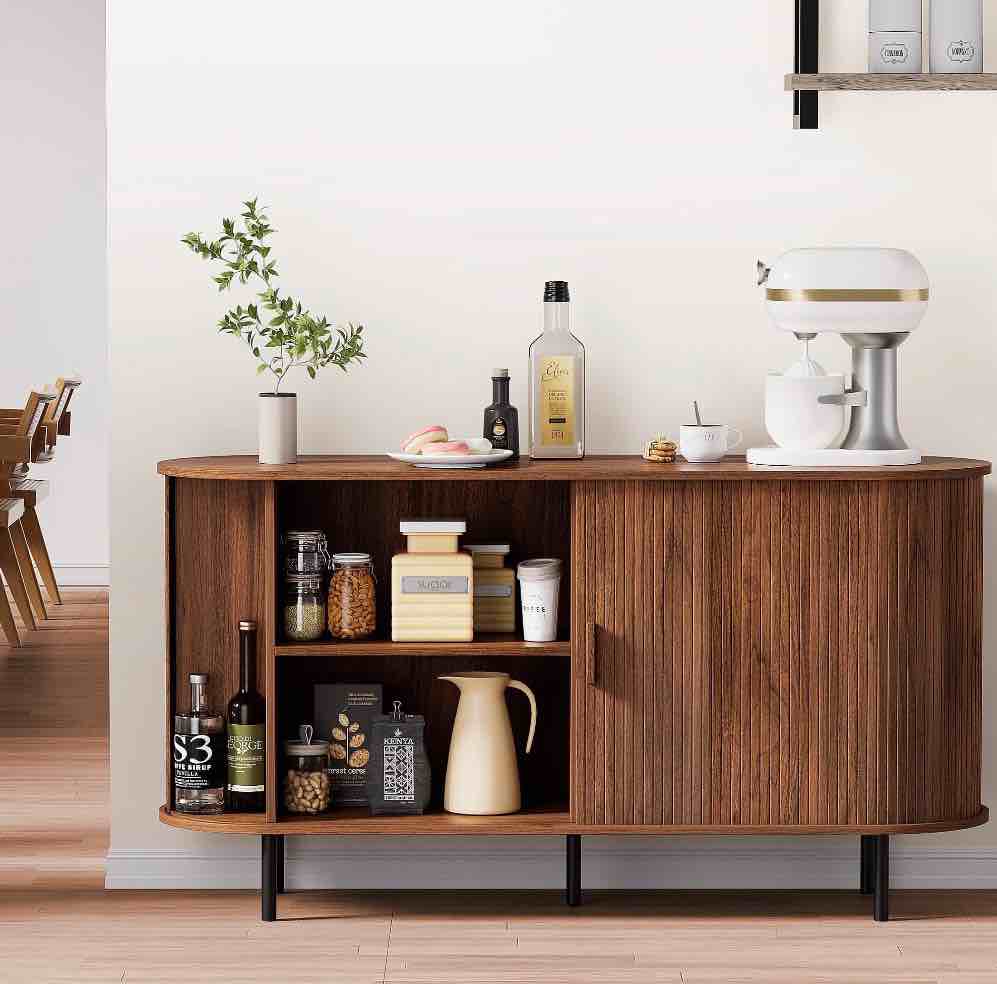 marnur sideboard buffet cabinet 55" storage cabinet with 2 sliding tambour doors, adjustable shelves for kitchen office bedroom hallway entryway, waln