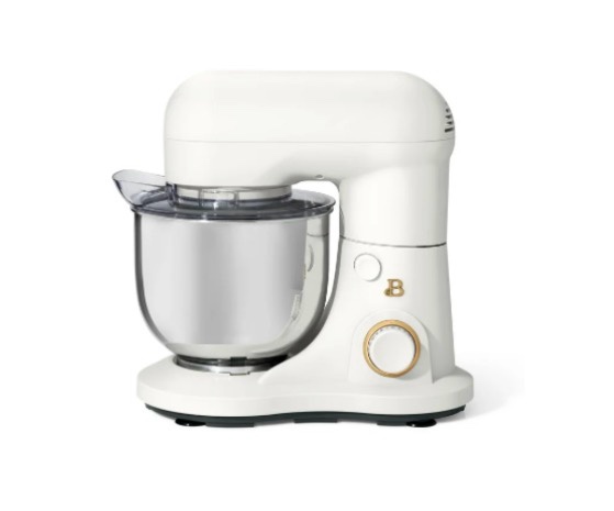 beautiful 3.5 qt stand mixer, white icing with flat beater, dough hook, balloon whisk