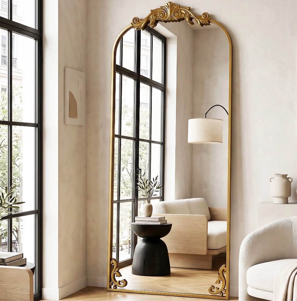 beautypeak 74"x32" full length mirror with baroque flower head design wall-mounted mirror,gold