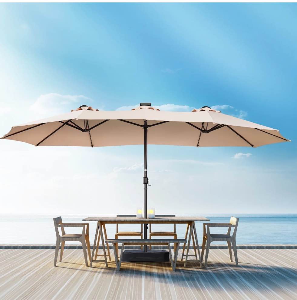 patbrela 15ft patio umbrella with light and base, double sided  large rectangular outdoor umbrella with crank handle, for garden, yard, poolside and outdoor activities, beige