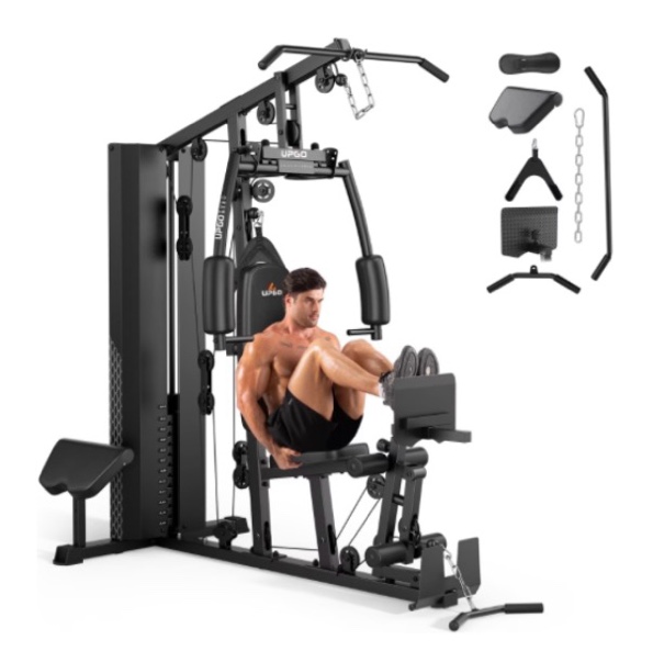 upgo home gym station, workout equipment with 154lbs weight stack, leg press and preacher curl pad (( box 2 of 4 ))