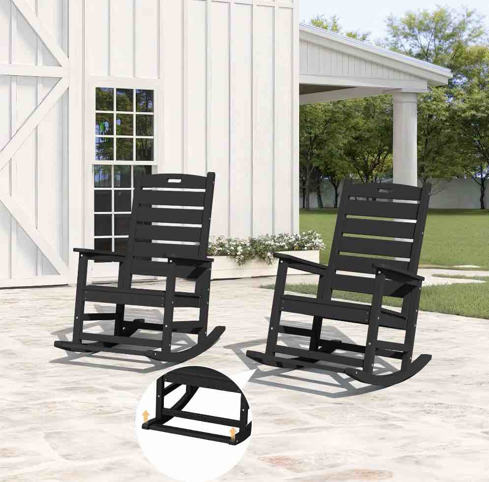 SERWALL Oversized Outdoor Rocking Chair Set of 2 with Footrest for Adults, HDPE All Weather Patio Rocker for Porch, Garden, Lawn, Black