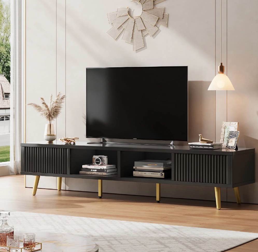 Bestier 71 Inch Fluted Tv Stand For Tvs Up To 75", Modern High Gloss Entertainment Center With Storage Cabinet, Black