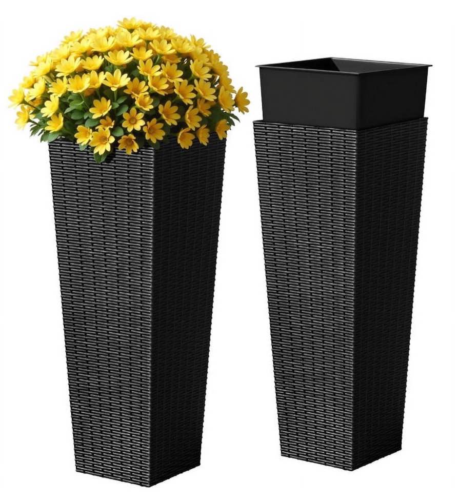 Homall 2-Pack 32" Tall Outdoor Plastic Planters with Inside Pots, Rattan - Patterned for Patio Decor