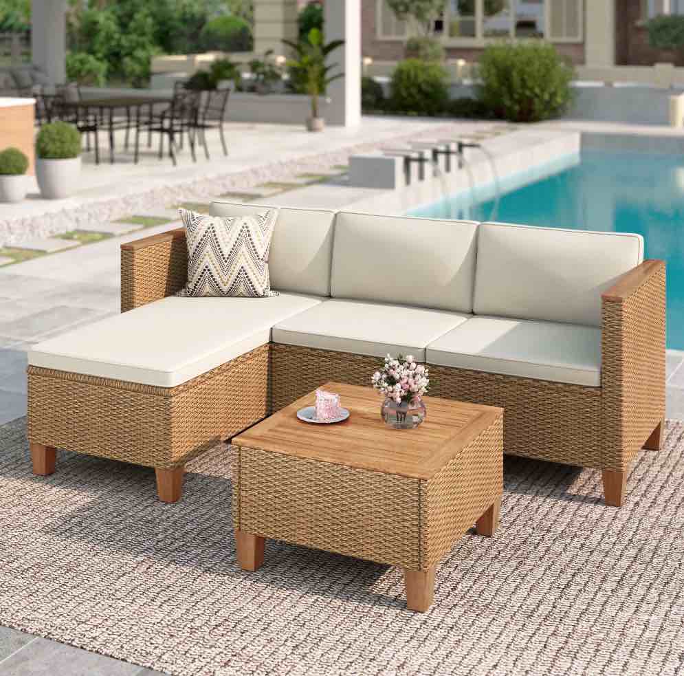MF Studio 3-Piece Patio Furniture Conversation Set, Weather-Resistant Wicker Outdoor Sectional Sofa Set with Table & Cushions, Small Balcony & Porch Friendly