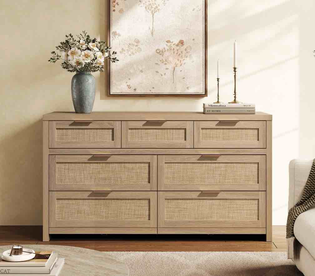 SICOTAS 56.88" Wide 7 Drawer Tall Dressers, Boho Dresser with Oversized Storage Space Rattan Dressers & Chests of Drawer Engineered Wooden Dressers for Bedroom,Reclaimed Light Oak