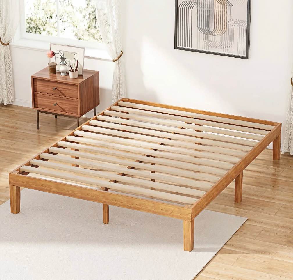 CONCETTA 12 inch Full Natural Pine Platform Bed Frame, Wood Slat Support, No Box Spring Required
