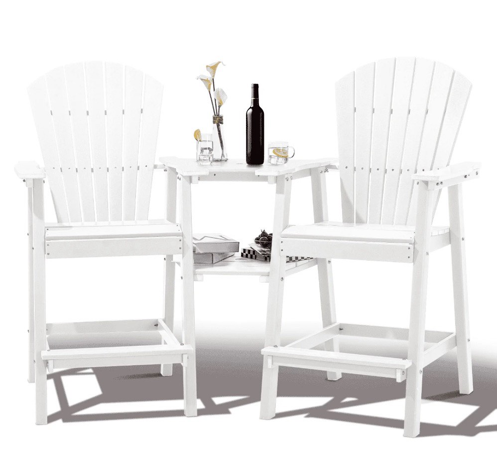Tall Adirondack Chairs Set of 2  HDPE Outdoor Adirondack Barstools with Double Connecting Tray Patio Stools Weather Resistant for Outdoor Deck Lawn Pool Backyard  White