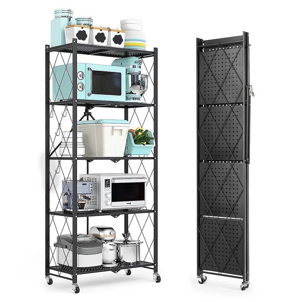 COOKCOK 5-Tier Storage Shelving Unit  Metal Shelf 27.9 x13.4 x62.5  Foldable Storage Shelf with Wheels  Garage Shelf  Metal Storage Rack  Kitchen Shelf with 4 Hooks  No Assemble Require