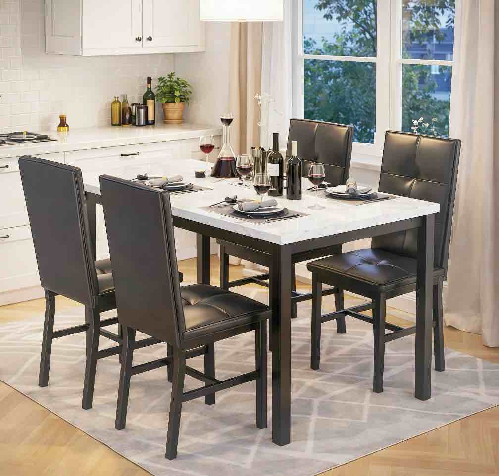 LinkRomat Dining Table Set for 4, Modern Faux Marble Tabletop and 4 PU Leather Upholstered Chairs, Kitchen Table and Chairs for Dining Room Breakfast Nook, White