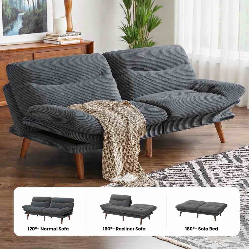 CHITOOMA 75" Corduroy Futon Sofa Bed, Gray Convertible Couch with Adjustable Backrest and 6-Level Armrests, Comfy Sleeper Sofa for Living Room, Apartment, or Office