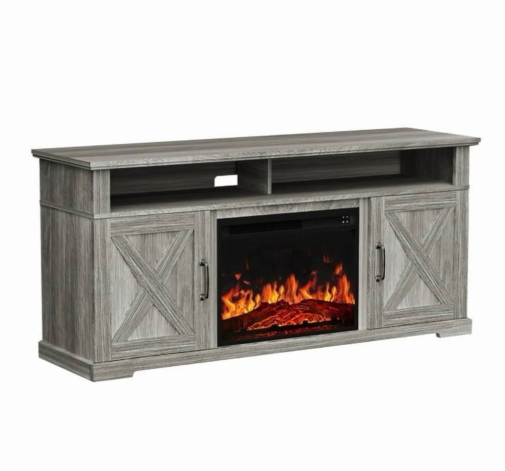 Electric Fireplace TV Stand for TVs up to 75", Farmhouse Entertainment Center with Fireplace, Grey