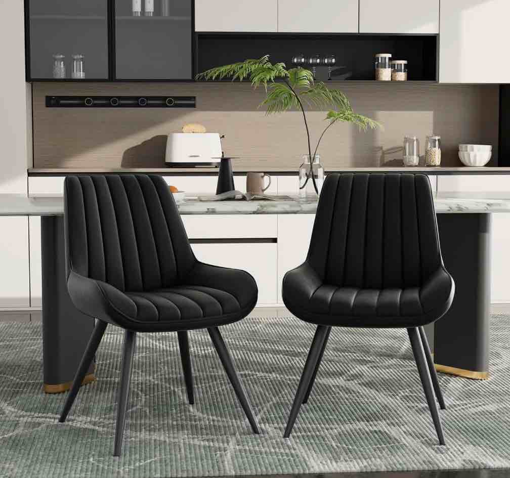 Hawsaiy Modern Dining Chairs Set of 4, Cat Scratch-Resistant Faux Leather Upholstered Kitchen Side Chairs with Thick Cushions & Metal Legs, Black