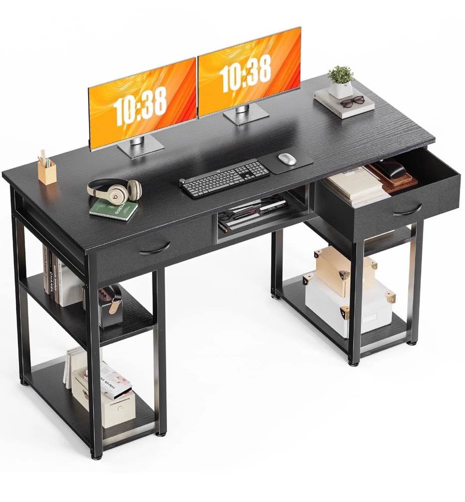 CONCETTA 48 inch Small Desk with Fabric Drawers & Storage Shelves, Computer Desk, Writing Desk for Home Office, Bedroom, Black