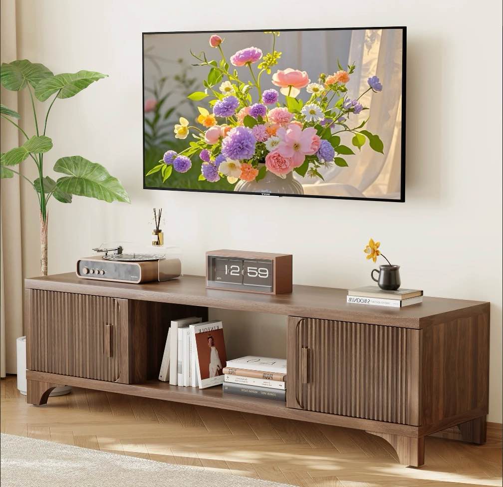 Furnibear Wood TV Stand Up to 75 Inch for Living Room, Mid Century Modern Entertainment Center, TV Console with Fluted Door Cabinets and Open Shelves, for Bedroom,Dark Brown