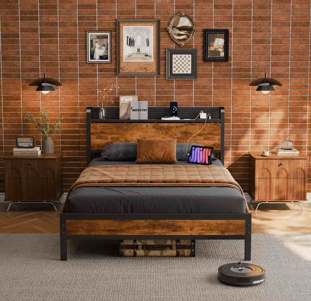 Satifur LED Bed Frame Full Size with Charging Station, Platform Metal Bed Frame with Storage Headboard, No Box Spring Needed, Noise-Free
