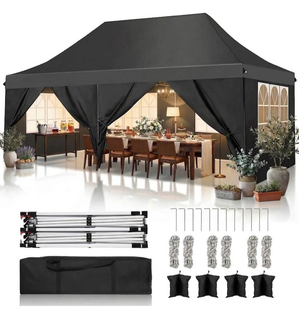 COBIZI 10x20 Pop up Canopy with 6 Removable Sidewalls Outdoor Waterproof Canopy Tents for Partie Wedding Instant Sun Protection Shelter with Upgrade Raised Roof and Carry Bag Black
