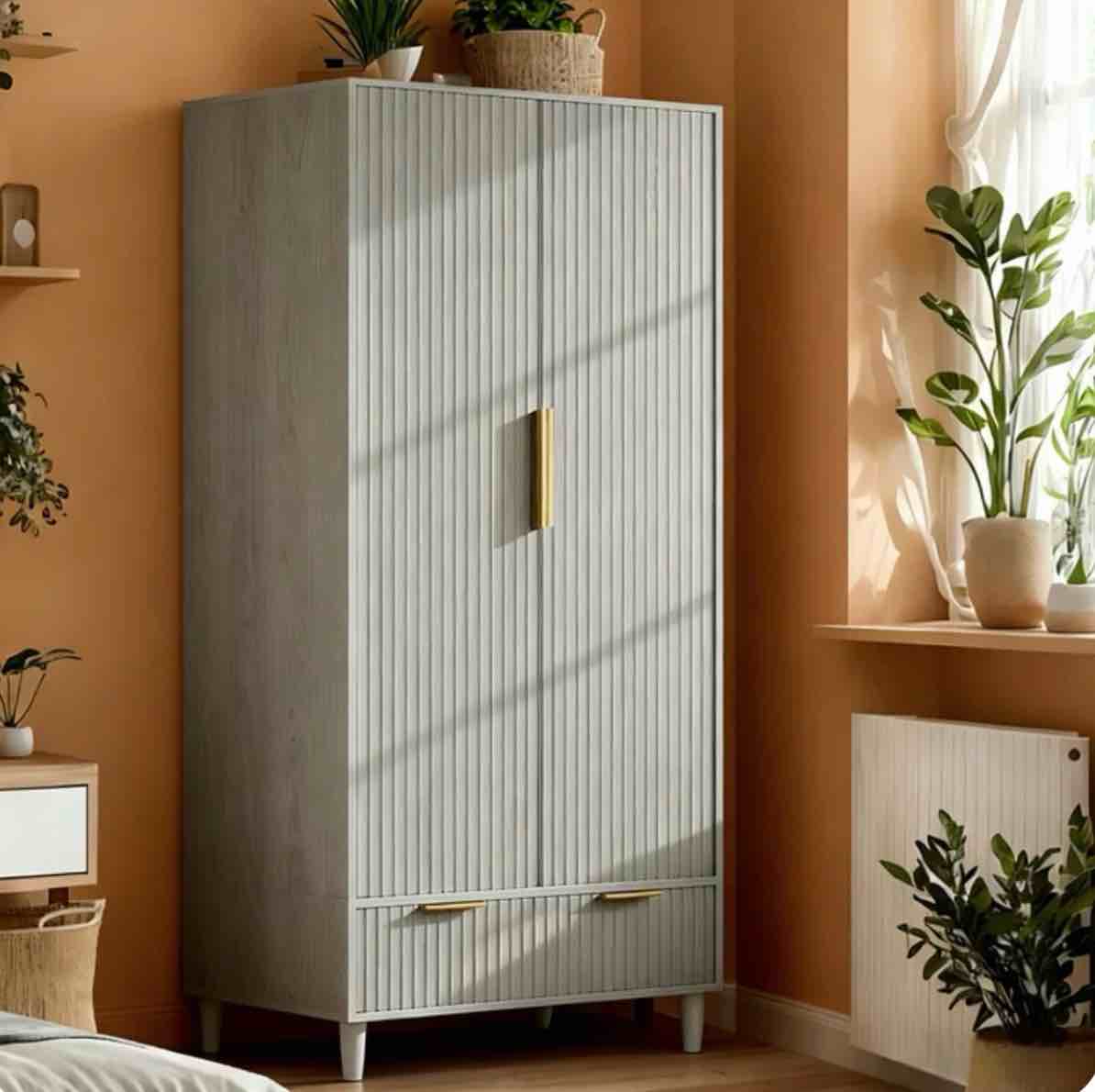 VINGLI Fluted Wardrobe Closet Armoire with Hanging Rod, Modern Drawer & Shelf – Elegant Gray Finish Closet with Wood Handles, Farmhouse to Mid-Century Style