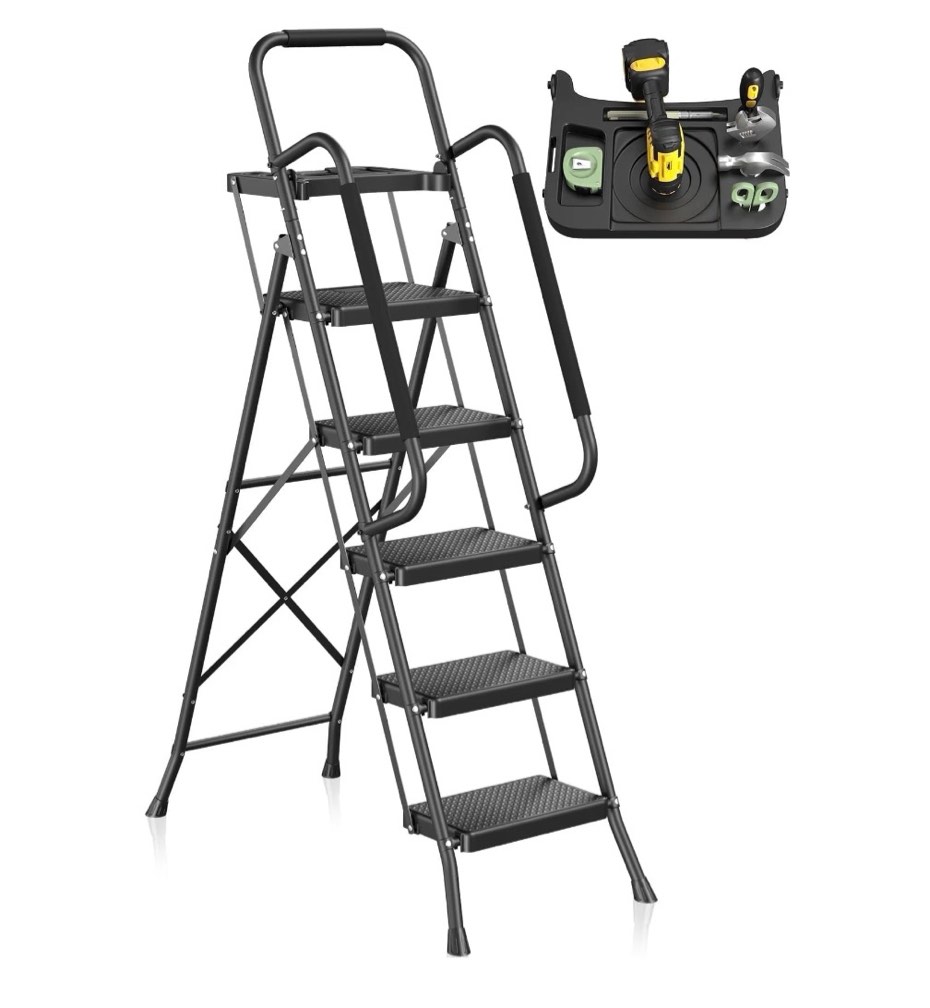 Mr IRONSTONE 5 Step Ladder for Adults, 800lbs Heavy Duty Steel Folding Ladder with Tool Tray, Upgraded Non-Slip Handrails and Anti-Slip Pedal for Home Office Garage, Black